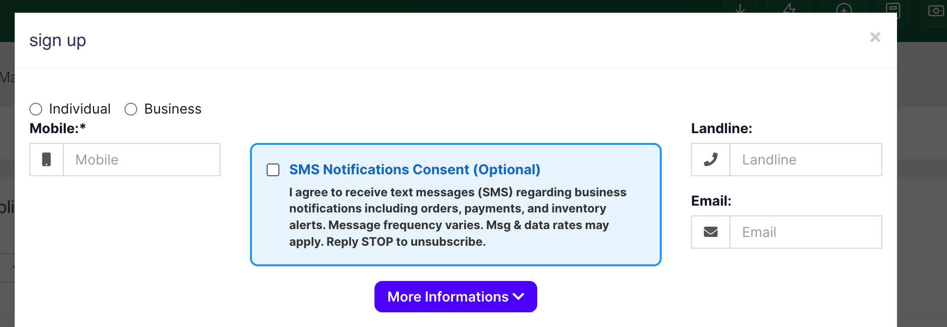 Contact form showing unchecked SMS consent checkbox