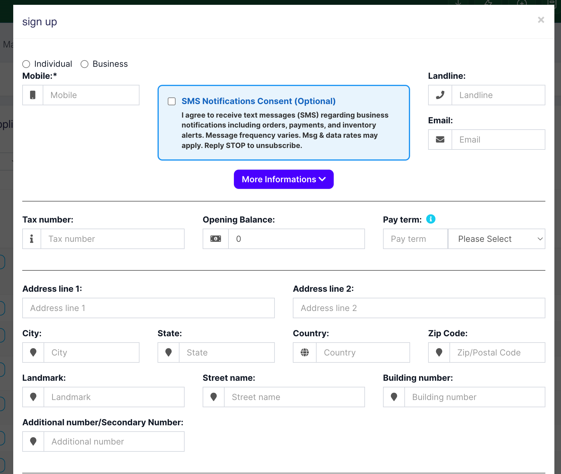 Full contact registration form with SMS consent